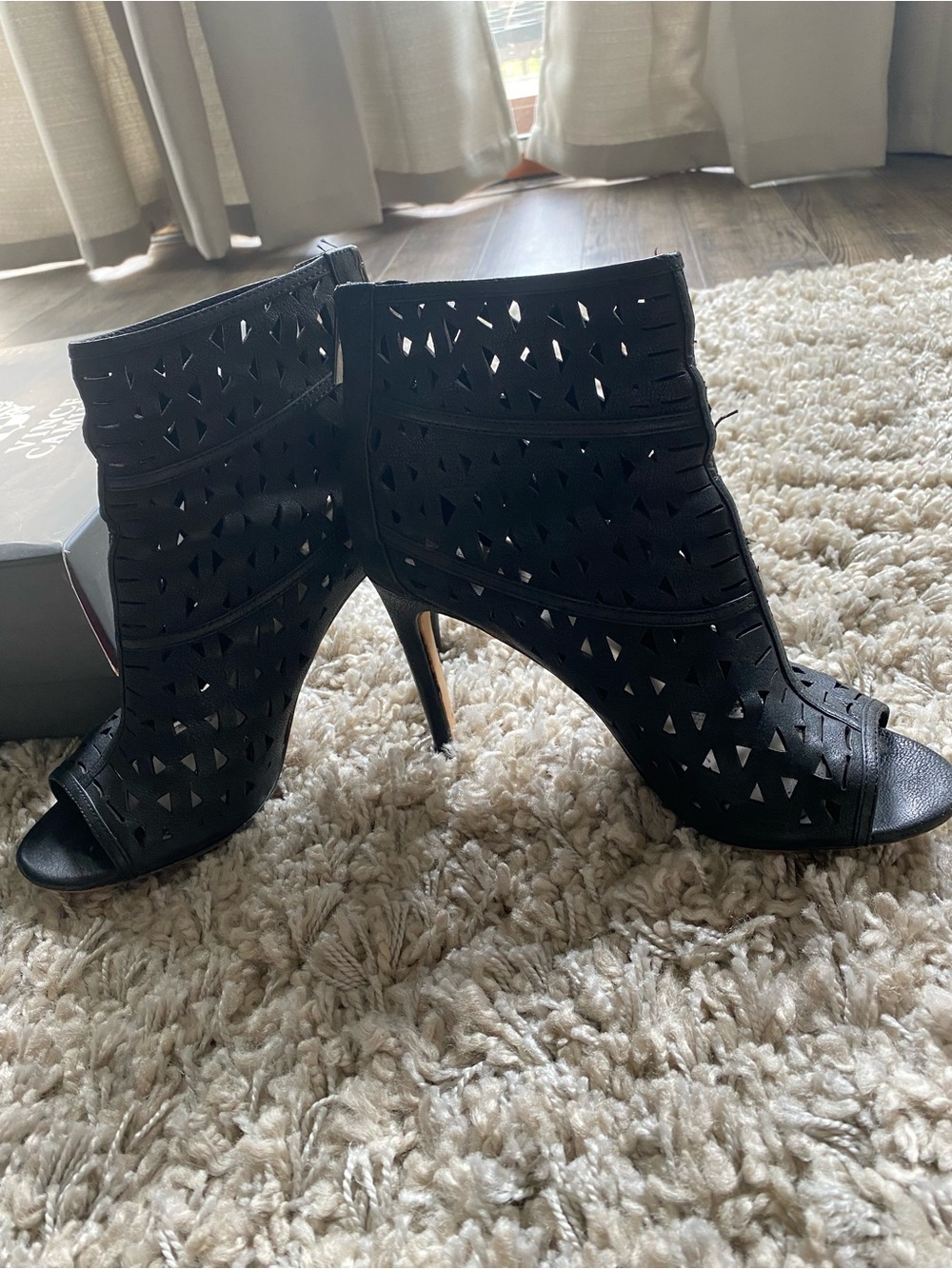 Vince Camuto Kachina Black Laser-Cut Peep-Toe Stiletto Booties